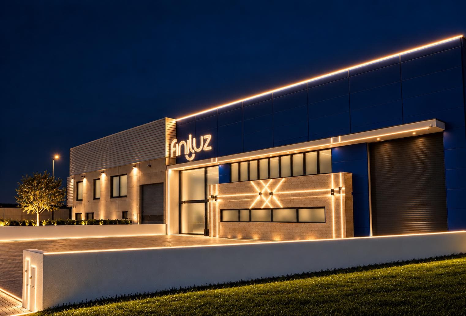 Instalações da Finiluz ao anoitecer, vistas de lado, com a fachada azul e as linhas de luz LED a contornar o edifício