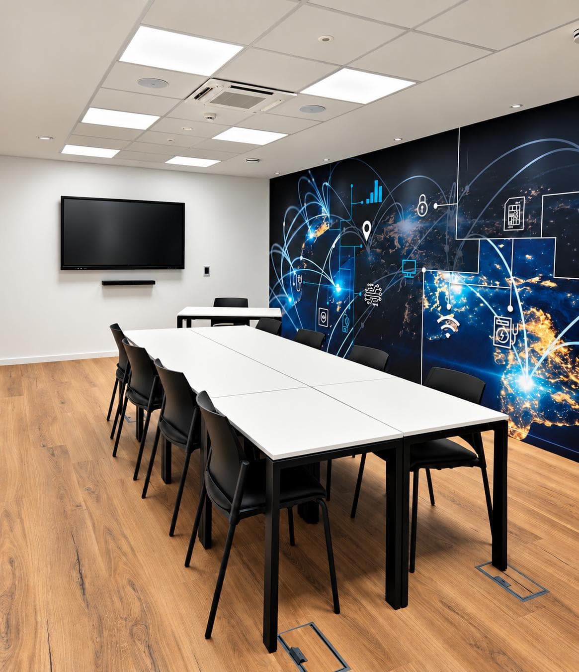 Sala de reuniões com mesa corrida, ecrã de parede e mural de rede global com ícones de tecnologia